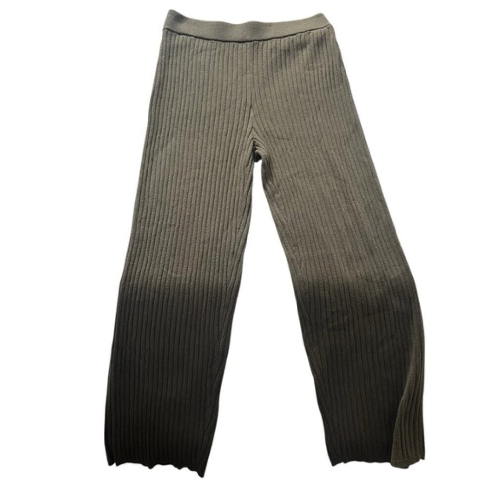Ribbed Knit Wide Leg High Waisted Sweater Pants Olive Green M